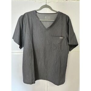 FIGS Technical Scrub Top V-Neck Short Sleeve Chest Pocket Medical Gray M